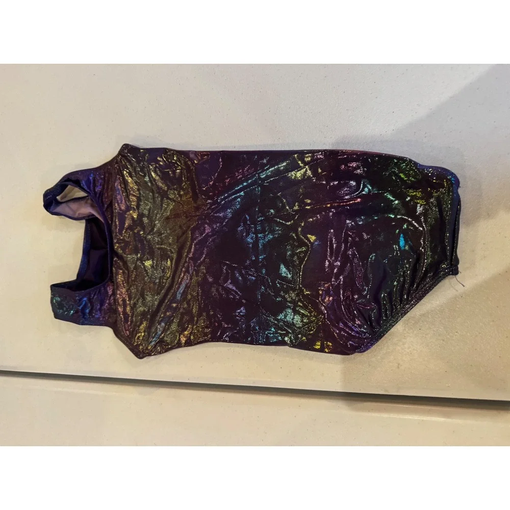 QooZZ Girls Gymnastics Leotard Metallic Iridescent Purple Green Dancewear 150cm